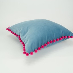 Blue Velvet Pom Pillow // Pink Cushion And - thumbnail 3