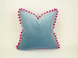 Blue Velvet Pom Pillow // Pink Cushion And - thumbnail 1