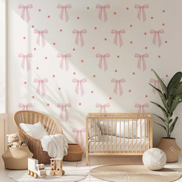 Pink Bow Wall Stickers With Polka Dots, Coquette Nursery Decor, Baby Girl Room Decals, Soft Peel & Stick - image 1