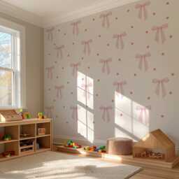 Pink Bow Wall Stickers With Polka Dots, Coquette Nursery Decor, Baby Girl Room Decals, Soft Peel & Stick - thumbnail 2