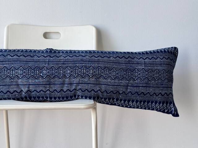 "Hmong Lumbar Pillow Indigo Batik, Embroidered Hemp - 14"" X 48" - image 1
