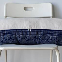 "Hmong Lumbar Pillow Indigo Batik, Embroidered Hemp - 14"" X 48" - thumbnail 4