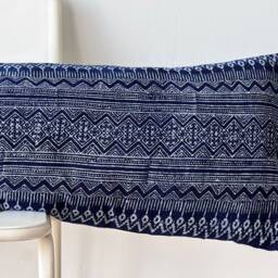 "Hmong Lumbar Pillow Indigo Batik, Embroidered Hemp - 14"" X 48" - thumbnail 2