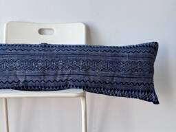 "Hmong Lumbar Pillow Indigo Batik, Embroidered Hemp - 14"" X 48" - thumbnail 1