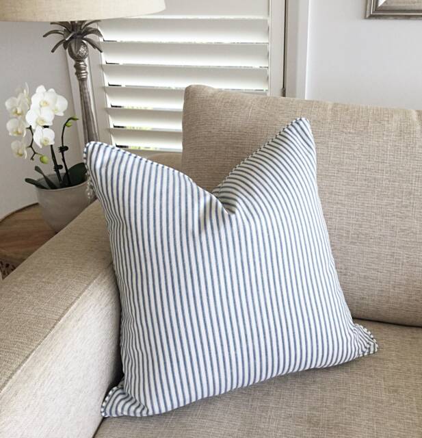 Blue Ticking Stripe Cushion Cover Hampton's Style Cotton Pillow - image 1