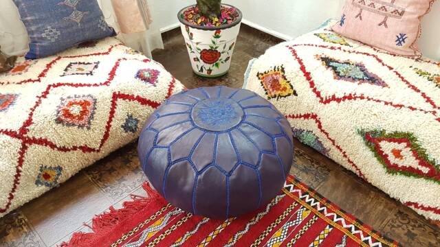 Stuffed Moroccan Leather Pouf, Pouf Ottoman, Handmade Floor Poof, Footstool, Ottoman Table, & Stools - image 1