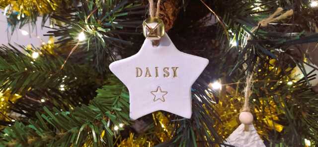 Personalised Clay Christmas Ornament Star With Gold Name & Bell - image 1