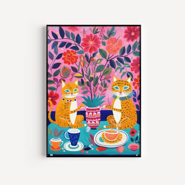 Bright Cat Tea Party Wall Print, Colourful Living Room Cats Drinking Art - image 1