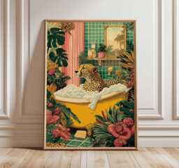 Tropical Leopard Bathroom Poster, Jungle Animal Wall Art Print, Vibrant Retro Illustration, Boho Botanical Home Decor - thumbnail 1