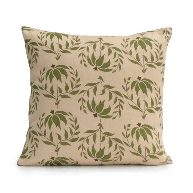 Beige Linen Handprint Designer Pillows, Decorative Throw Pillow Cover, Cushion Covers, Pillowcase, Green Floral Modern Pillows - image 1