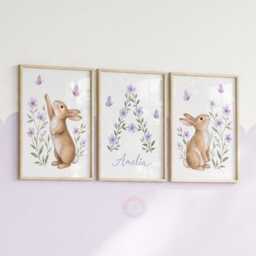 Woodland Nursery Prints - Girls Personalised Print Set Of 3, Purple Rabbit Bedroom Wall Art - thumbnail 2