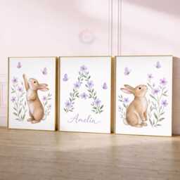 Woodland Nursery Prints - Girls Personalised Print Set Of 3, Purple Rabbit Bedroom Wall Art