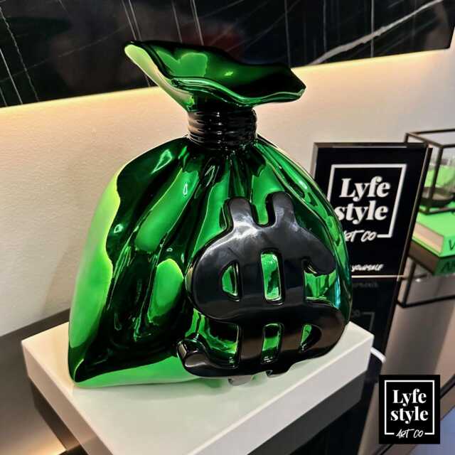 Pop Art Money Bag Sculpture Chrome Green Resin Statue - image 1