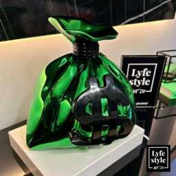 Pop Art Money Bag Sculpture Chrome Green Resin Statue
