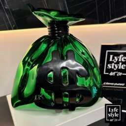 Pop Art Money Bag Sculpture Chrome Green Resin Statue - thumbnail 4