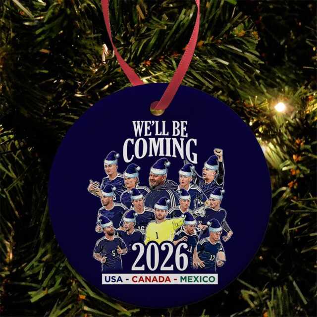 Scotland We'll Be Coming Christmas Tree Decoration Bauble Flat Ceramic World Cup 2026 Great Fans Gift