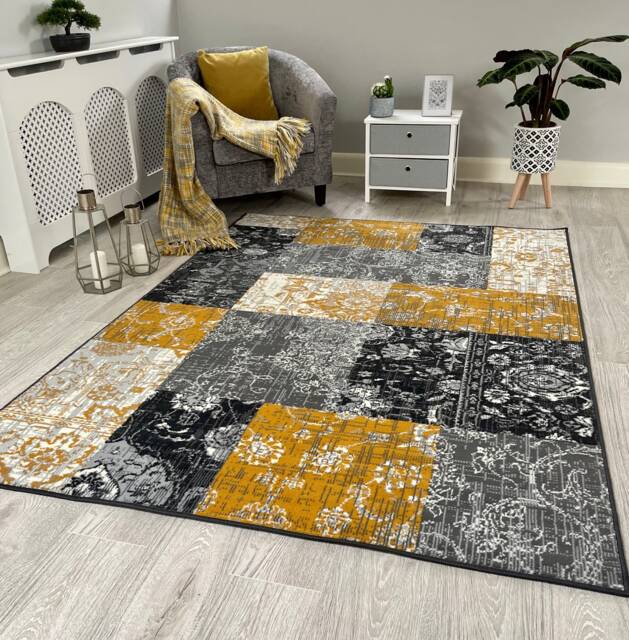 Ochre Mustard Gold Grey Mosaic Small Large Runner Floor Carpets Rugs Mats Cheap - image 1