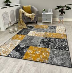 Ochre Mustard Gold Grey Mosaic Small Large Runner Floor Carpets Rugs Mats Cheap - thumbnail 1