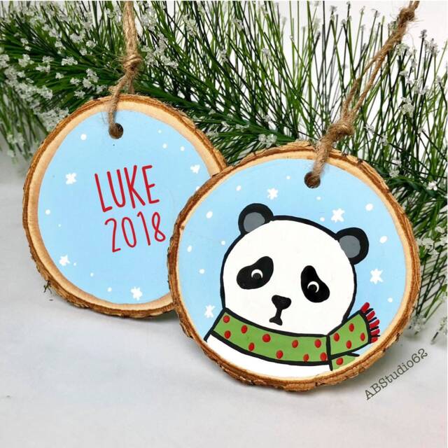 Personalized Panda Christmas Ornament Hand-Painted Wood Slice