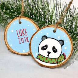 Personalized Panda Christmas Ornament Hand-Painted Wood Slice