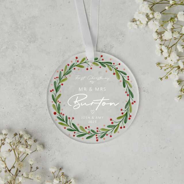 Newly Wed Christmas Ornament - Personalised Frosted Bauble Acrylic Material, First Gift, Customizable - image 1