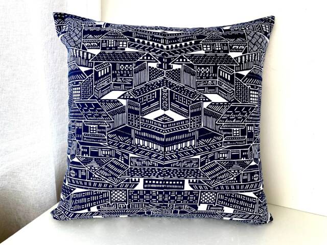 Kyoto Houses Pillow Cover, Patchwork Indigo Blue Sofa Bedding Throw, Japanese Tenugui Cotton Cover - image 1