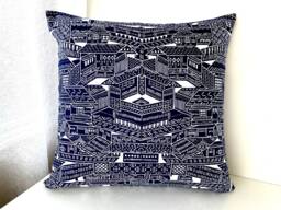Kyoto Houses Pillow Cover, Patchwork Indigo Blue Sofa Bedding Throw, Japanese Tenugui Cotton Cover - thumbnail 1