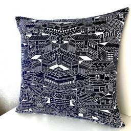 Kyoto Houses Pillow Cover, Patchwork Indigo Blue Sofa Bedding Throw, Japanese Tenugui Cotton Cover - thumbnail 3