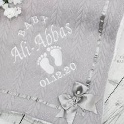 Personalized Baby Blanket Embroidered Cable Knit With Satin Bow - thumbnail 2