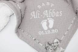 Personalized Baby Blanket Embroidered Cable Knit With Satin Bow - thumbnail 1