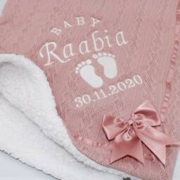 Personalized Baby Blanket Embroidered Cable Knit With Satin Bow - thumbnail 3