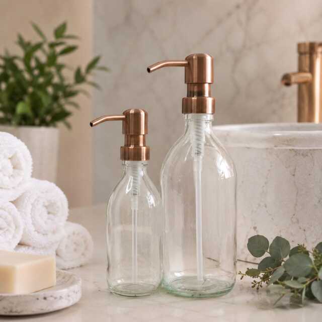 Refillable Clear Glass Soap Dispenser Bottles - 250Ml/500Ml Copper Style Pump Bathroom Accessory For Shampoo, Body Wash, Conditioner - image 1