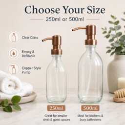 Refillable Clear Glass Soap Dispenser Bottles - 250Ml/500Ml Copper Style Pump Bathroom Accessory For Shampoo, Body Wash, Conditioner - thumbnail 2