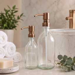 Refillable Clear Glass Soap Dispenser Bottles - 250Ml/500Ml Copper Style Pump Bathroom Accessory For Shampoo, Body Wash, Conditioner - thumbnail 1