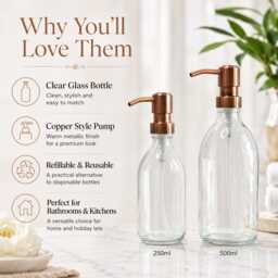 Refillable Clear Glass Soap Dispenser Bottles - 250Ml/500Ml Copper Style Pump Bathroom Accessory For Shampoo, Body Wash, Conditioner - thumbnail 3