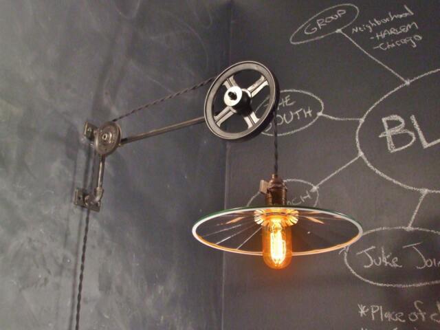 Vintage Industrial Pulley Sconce - Mirrored Shade Wall Mount Light Machine Age Trouble Lamp - image 1