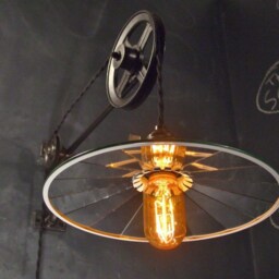 Vintage Industrial Pulley Sconce - Mirrored Shade Wall Mount Light Machine Age Trouble Lamp - thumbnail 3