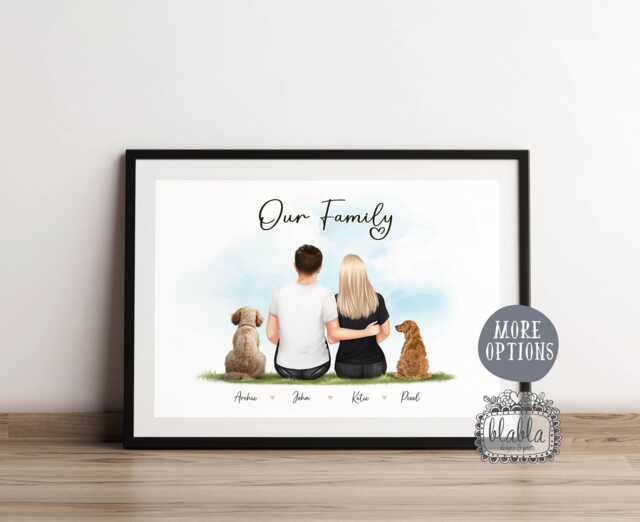 Valentines Personalised Gift, Our Family Couple & Pets Wall Art, Illustration, Anniversary Keepsake, Gift - image 1