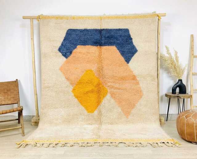 Handwoven Moroccan Berber Rug, Wool Shag Rug With Blue Pink Geometric Shapes, Authentic Beni Ourain Style Carpet, Large 9x12 Area - image 1