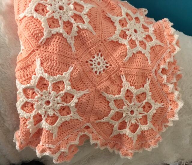 Crocheted Snowflake Afghan Peach & Cream Blanket - image 1