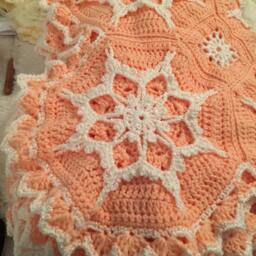 Crocheted Snowflake Afghan Peach & Cream Blanket - thumbnail 2
