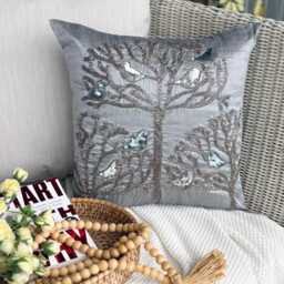 Silver Bird Throw Pillow Cover, 16x16 Beaded Art Silk, Contemporary Cushion Cover - Pigeons