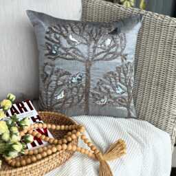 Silver Bird Throw Pillow Cover, 16x16 Beaded Art Silk, Contemporary Cushion Cover - Pigeons - thumbnail 2