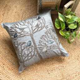 Silver Bird Throw Pillow Cover, 16x16 Beaded Art Silk, Contemporary Cushion Cover - Pigeons - thumbnail 3