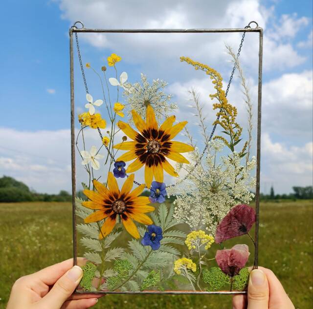 Pressed Flower Art Real Flowers in Large Stained Glass Frame, Suncatcher - image 1
