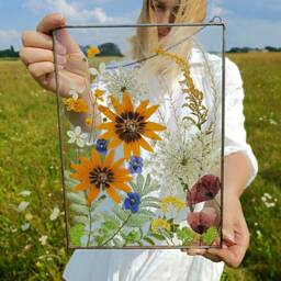 Pressed Flower Art Real Flowers in Large Stained Glass Frame, Suncatcher - thumbnail 3