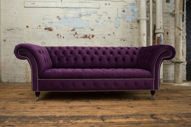 British Handmade Purple Velvet 3 Seater Chesterfield Sofa - image 1