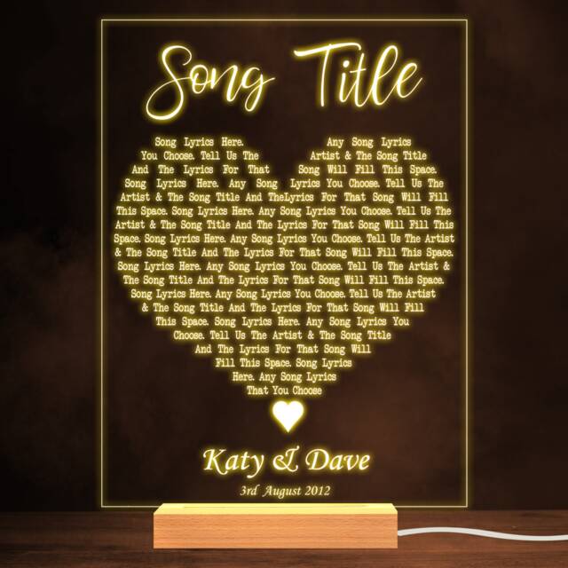 Script Heart Any Song Lyrics Personalised Music Gift Warm Led Lamp Night Light - Lyric Wedding - image 1