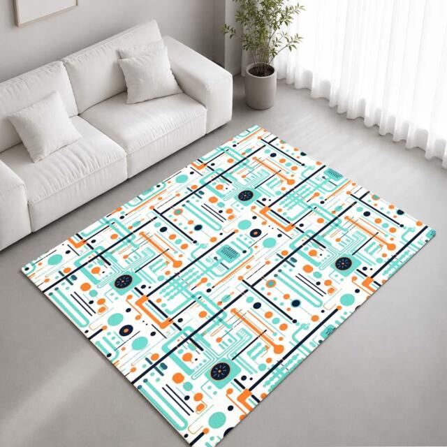 Teal Orange Navy Retro Circuit Pattern Rug Non-Slip Soft Area Carpet Bedroom Living Room Hallway Mat Decor - Made in UK - image 1