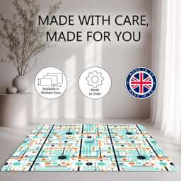 Teal Orange Navy Retro Circuit Pattern Rug Non-Slip Soft Area Carpet Bedroom Living Room Hallway Mat Decor - Made in UK - thumbnail 2